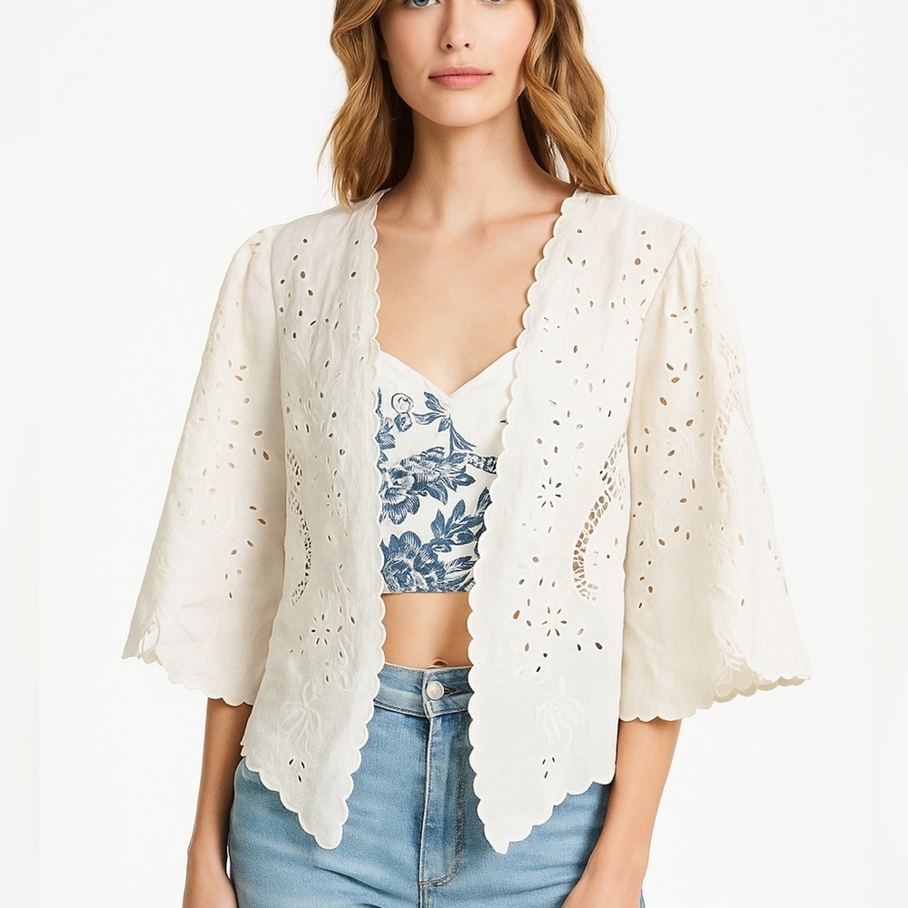 Ralph Lauren double RL 100% linen bohemian eyelet blouse NEW
